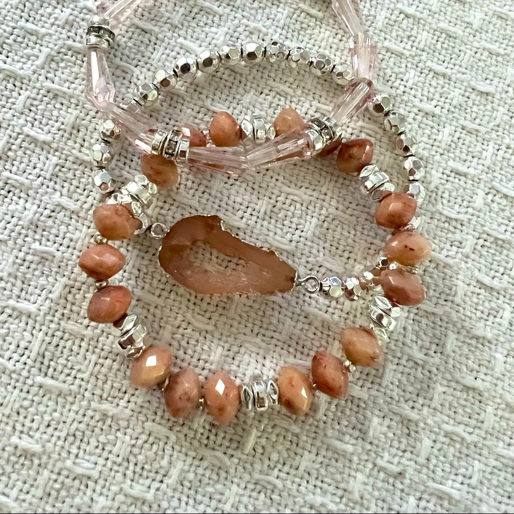 Peach Druzy crystal with silver beadwork handmade bracelets | high quality